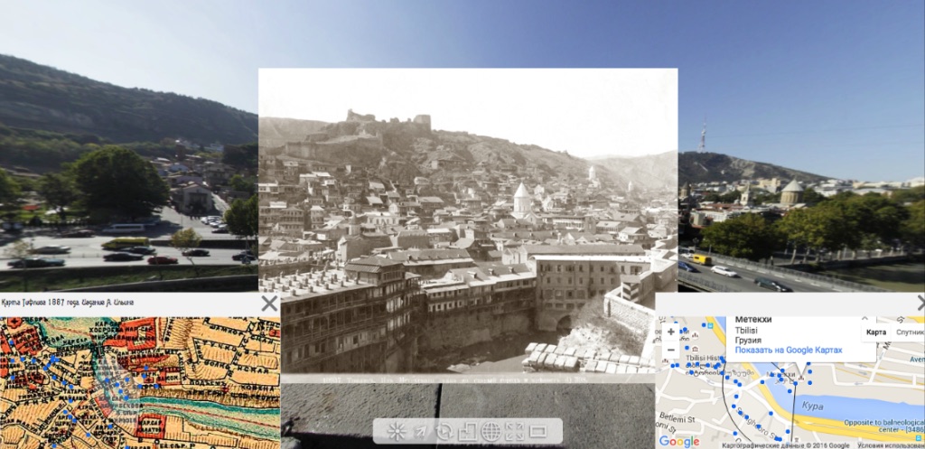 Старая фотография Тифлиса поверх современной панорамы и двух карт