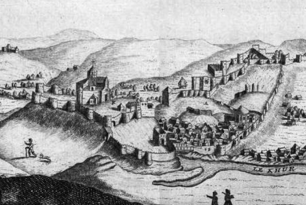 Вид на Метехи и Нарикалу с левого берега Куры в 1670х. Фрагмент иллюстрации к "Путешествию Шардена"